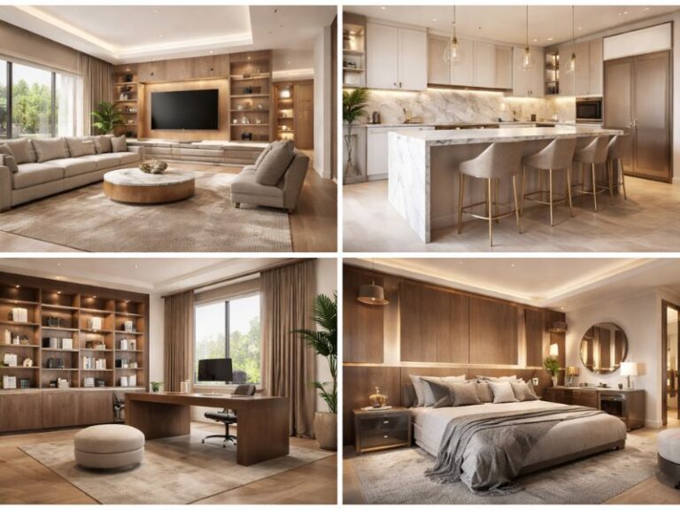 Luxury home and office interior renovation with custom furniture design including modern living room, kitchen, bedroom and office space by Arts Of Edge