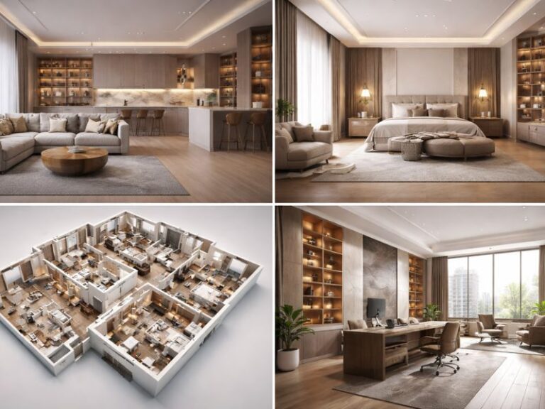 Modern 2D and 3D interior design layouts for home and office including living room, bedroom, office workspace and detailed floor plan by Arts Of Edge