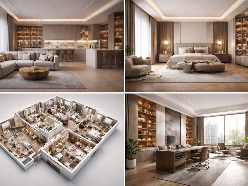 Modern 2D and 3D interior design layouts for home and office including living room, bedroom, office workspace and detailed floor plan by Arts Of Edge