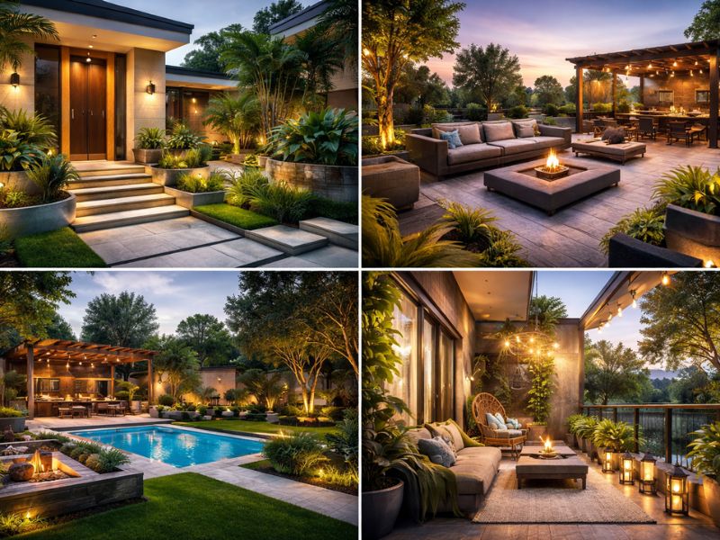 Modern home exterior design with landscaped garden, terrace seating, balcony renovation and outdoor lighting by Arts Of Edge