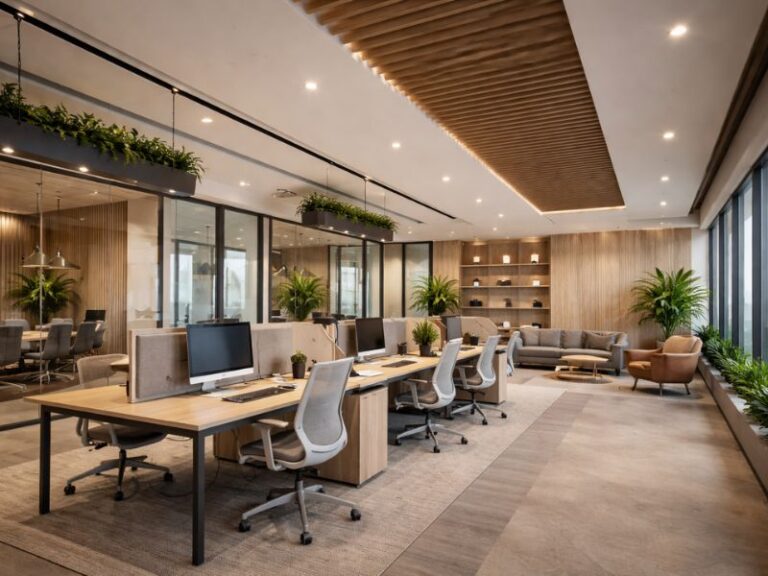 Modern open-plan office interior design with wooden accents, glass partitions and ergonomic furniture designed by Arts Of Edge