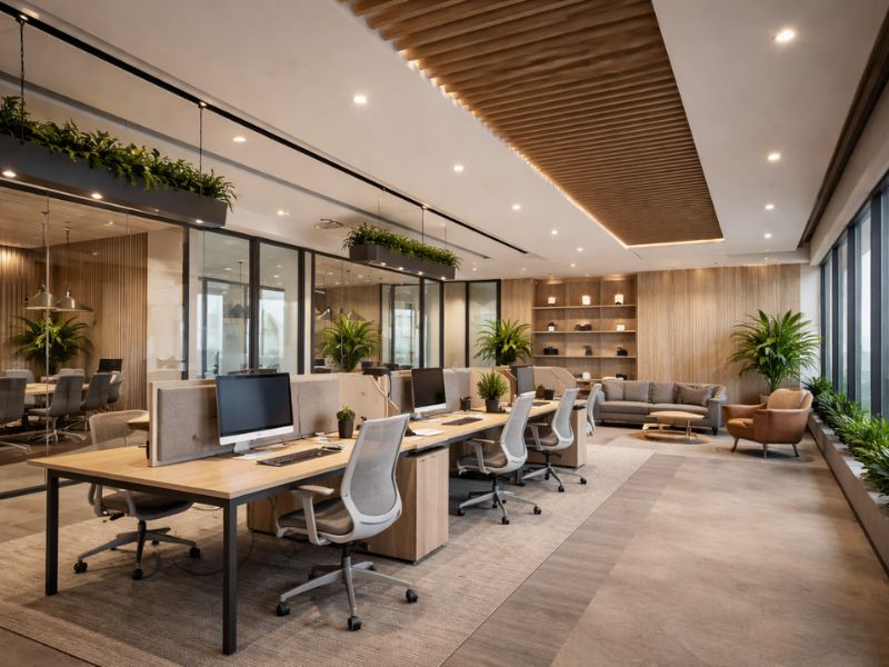 Modern open-plan office interior design with wooden accents, glass partitions and ergonomic furniture designed by Arts Of Edge