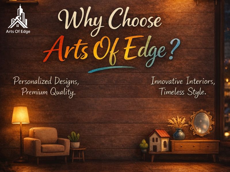 White notebook page with the title “Why Choose Arts Of Edge” and experience highlights, creative interior design icons scattered.